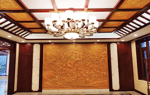 万全中式别墅客厅中式木作横梁吊顶装饰展示